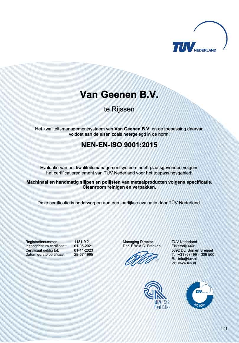 ISO 9001 zertifikat Van Geenen