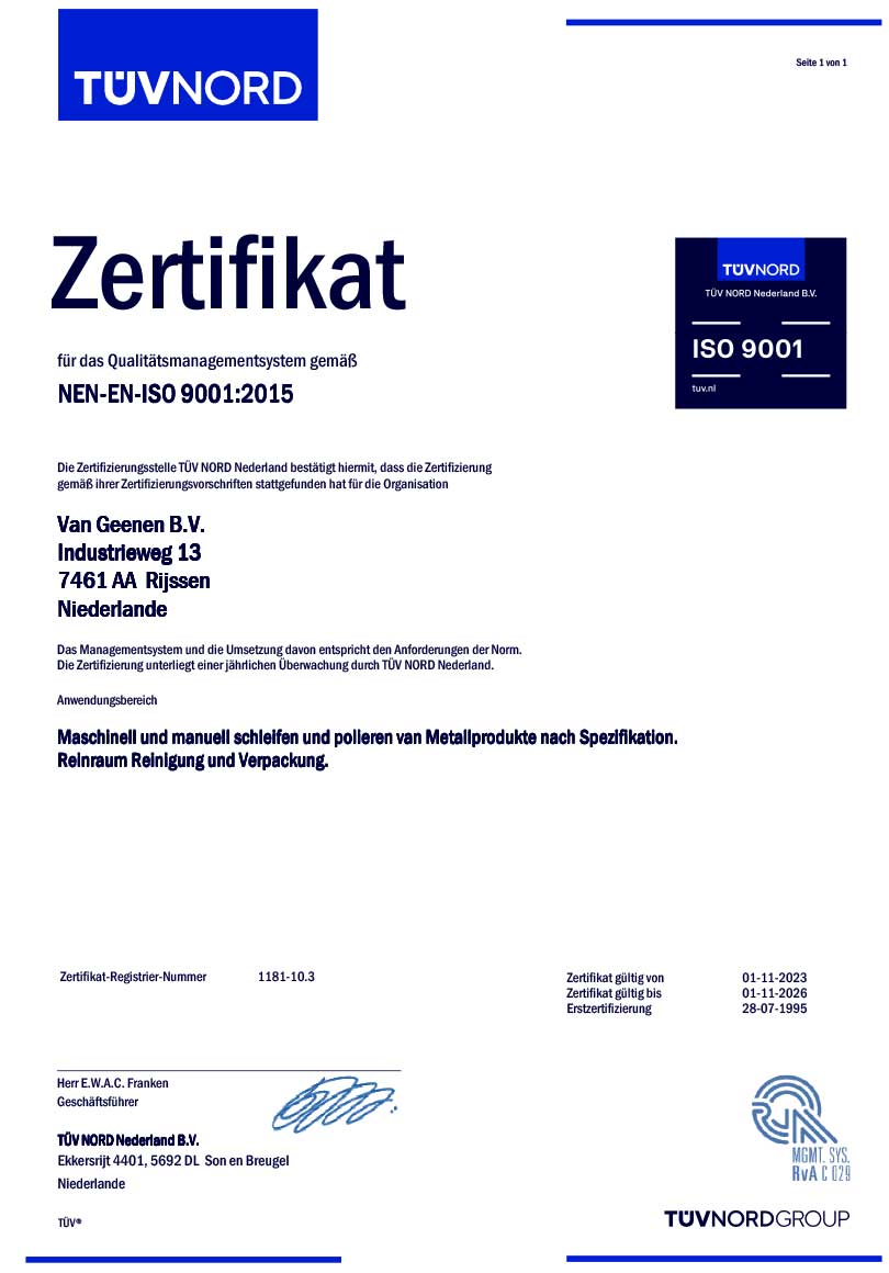 ISO 9001 zertifikat Van Geenen